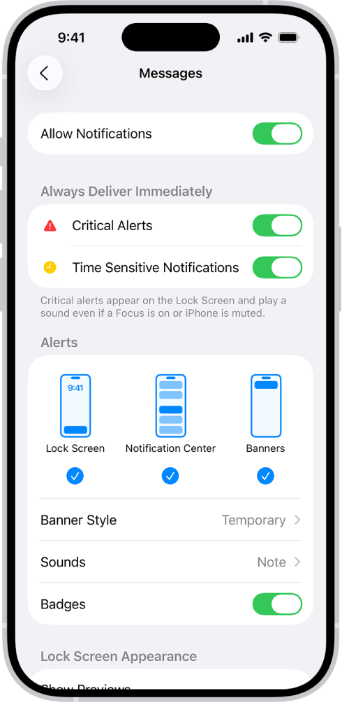 La configuración de notificaciones de Mensajes en Configuración.
