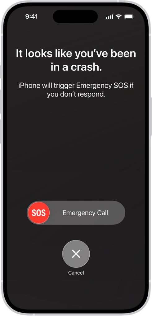 La pantalla Detección de choques mostrando una notificación de que chocaste, debajo está el regulador Llamada de Emergencia SOS con el botón Cancelar.