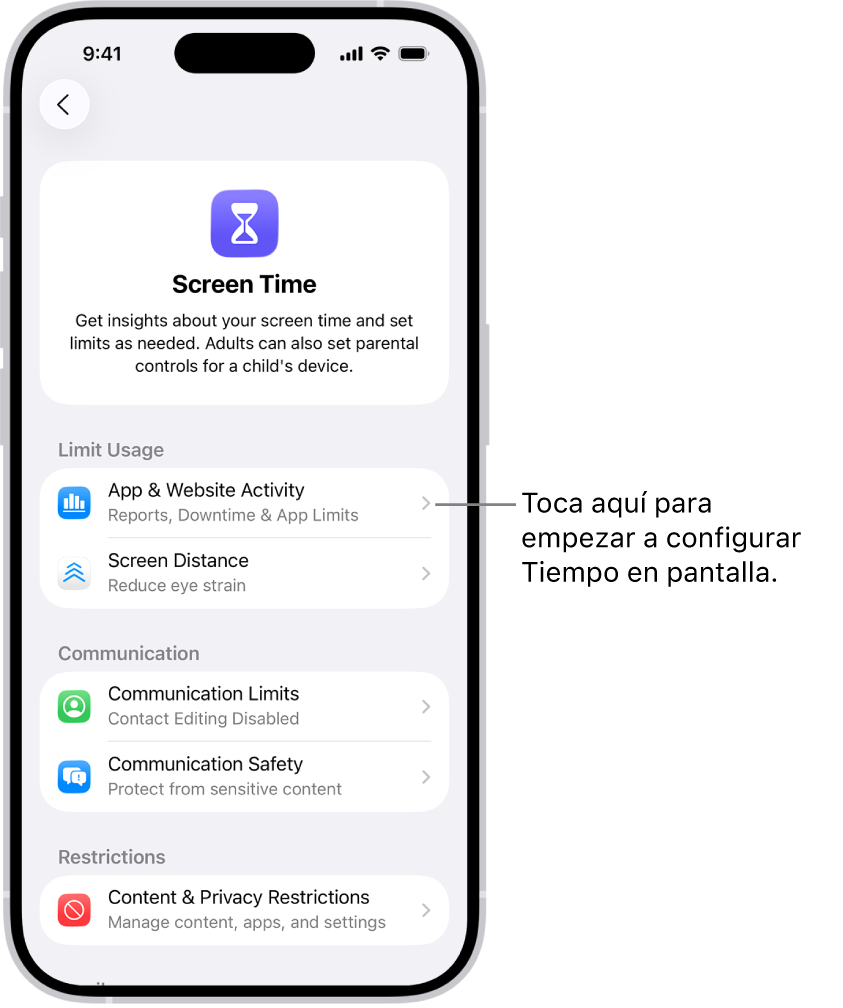 La pantalla de configuración de Tiempo en pantalla mostrando que se hace clic en Actividad en apps y sitios para empezar.