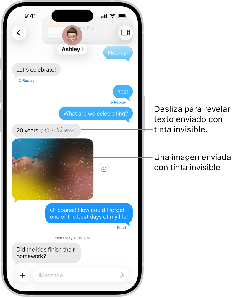 Una conversación en Mensajes que incluye un mensaje de texto y una foto enviada con el efecto Tinta invisible.