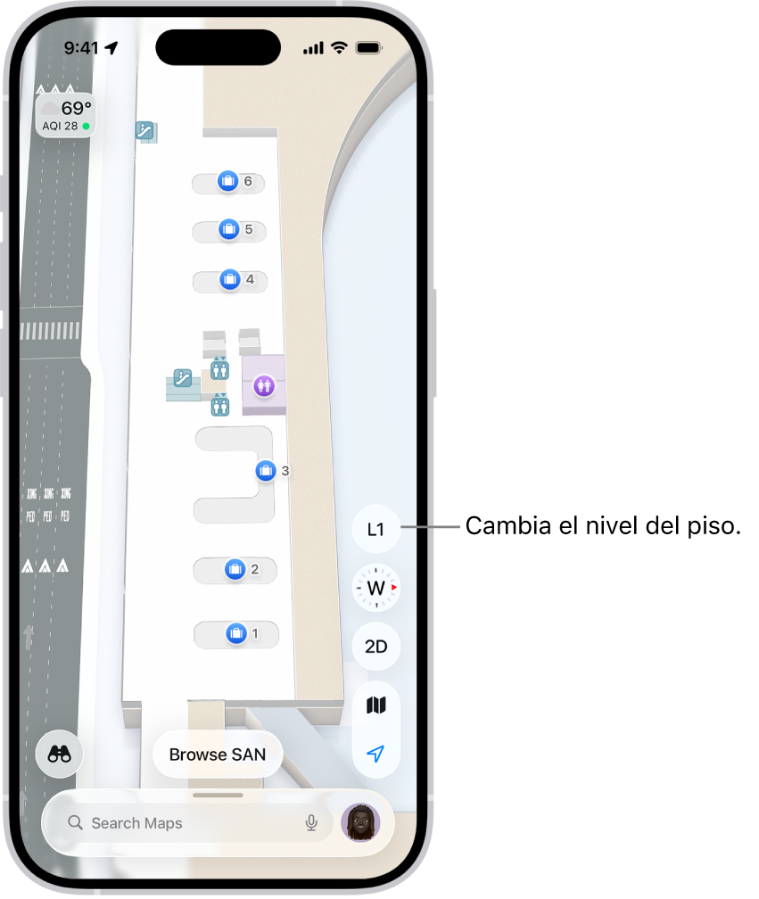 Un mapa del interior de la terminal de un aeropuerto. Se indica la ubicación de un control de inmigración, unas escaleras, los baños y los primeros auxilios. Puedes cambiar de nivel en los mapas de varios niveles con el botón 1 (para explorar el piso 1).