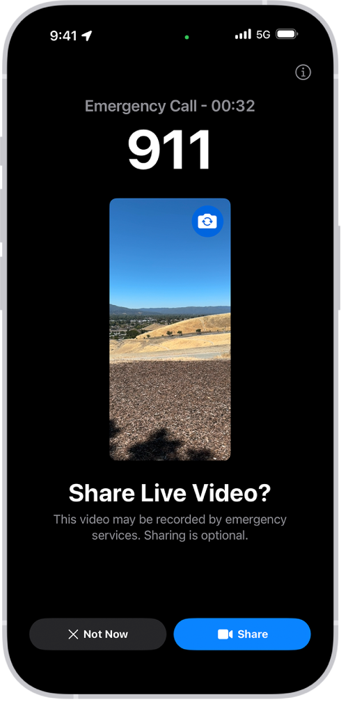 Una pantalla de Video en vivo de Emergencia SOS que muestra una llamada de emergencia al 911 con una vista previa de video en el centro. En la parte inferior están los botones No ahora y Compartir video.