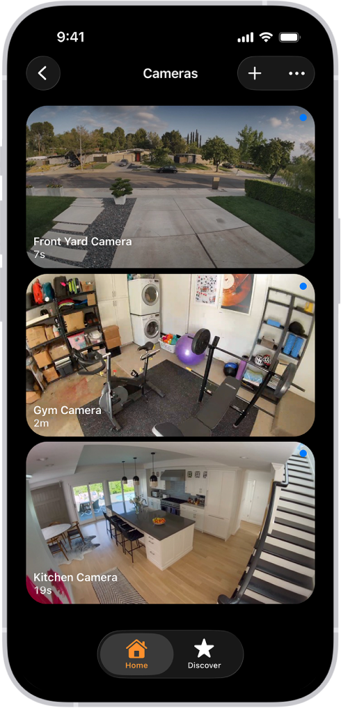 Pantalla Cámaras con imágenes de tres cámaras de seguridad: patio delantero, gimnasio en casa y cocina. Debajo del nombre de cada cámara aparece el tiempo transcurrido desde la última actualización de la imagen. Por ejemplo, la cámara del patio delantero muestra que la imagen se actualizó hace 7 segundos.