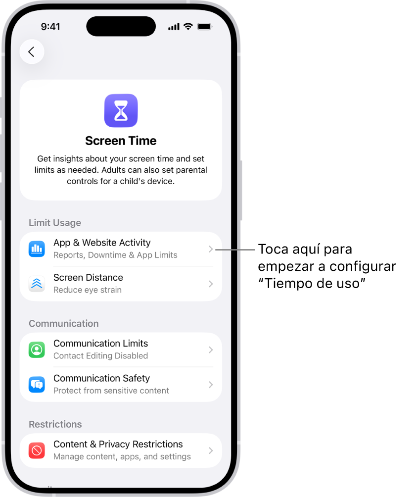 Pantalla para configurar “Tiempo de uso”, indicando que toques “Actividad de apps y sitios web” para empezar.