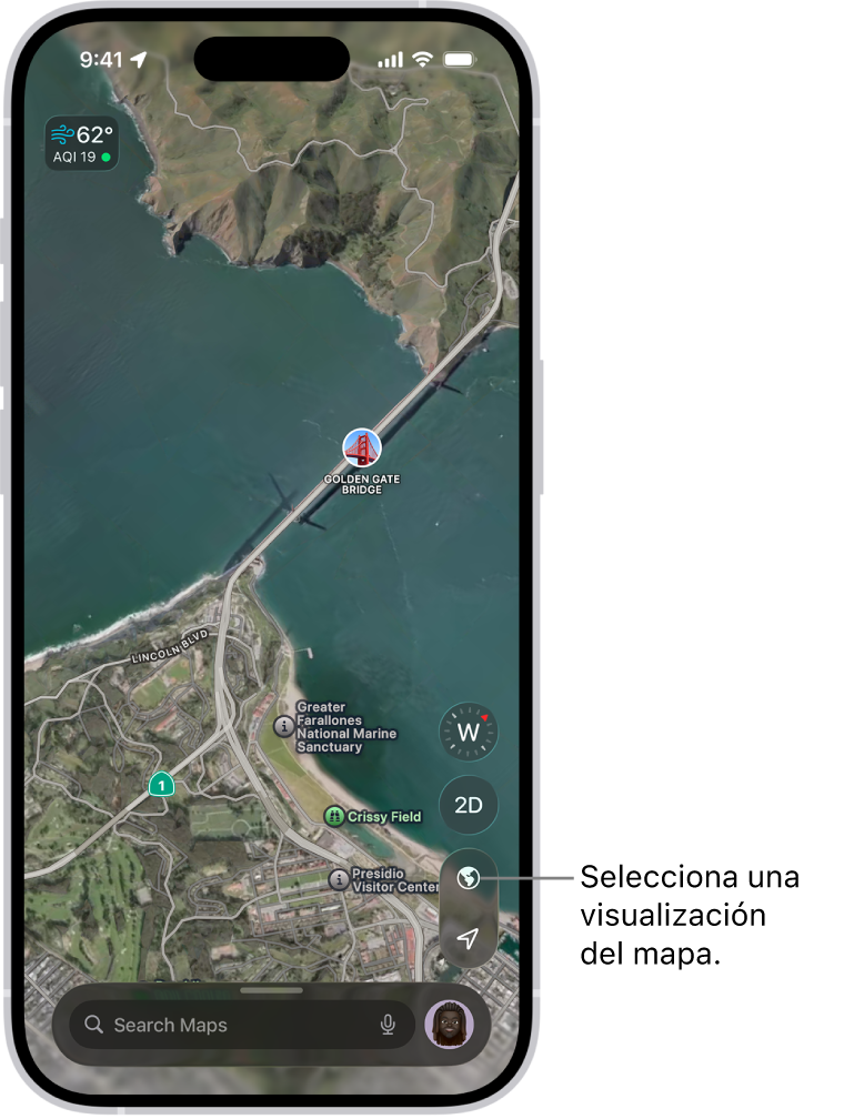 Una mapa en 3D de un parque y una calle con árboles, puntos de interés y ubicaciones tales como aseos.