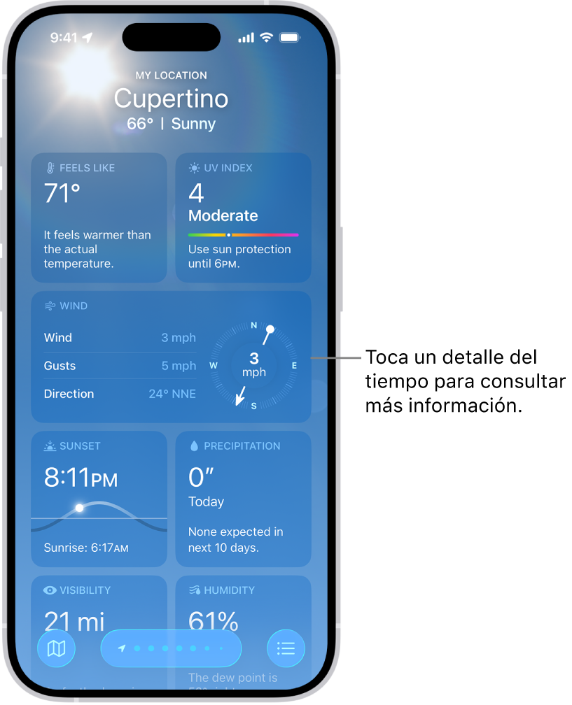 App Tiempo con la ubicación actual en la parte superior y, debajo, la temperatura actual y el estado del tiempo. El resto de la pantalla contiene información sobre el tiempo, como el índice UV, el viento y las precipitaciones.