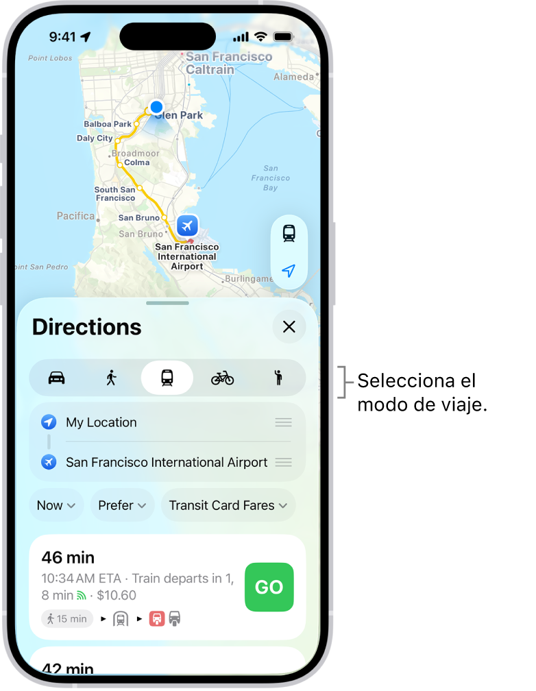 Mapa con varias opciones de ruta entre dos ubicaciones, con botones para elegir otros modos de desplazarse, invertir el punto de partida y el destino, y ver las indicaciones como pasos.
