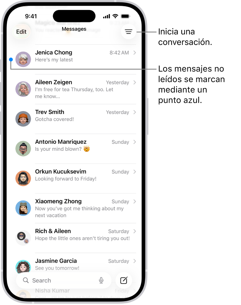 La lista de conversaciones de la app Mensajes con el botón Redactar en la esquina inferior derecha. Un punto azul a la izquierda de un mensaje indica que no se ha leído.
