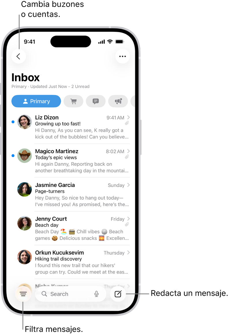 El buzón de entrada de la app Mail, con una lista de correos electrónicos.