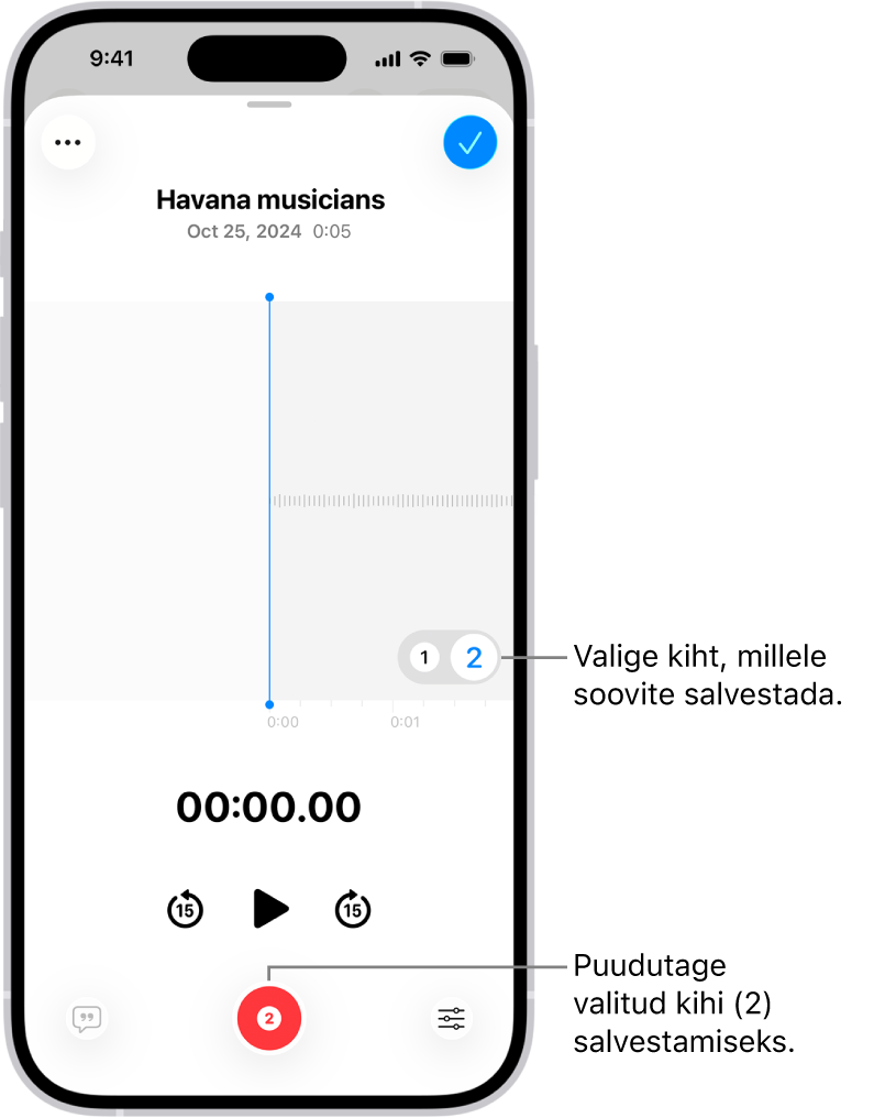 Teise kihi salvestamise kuva rakenduses Voice Memos.