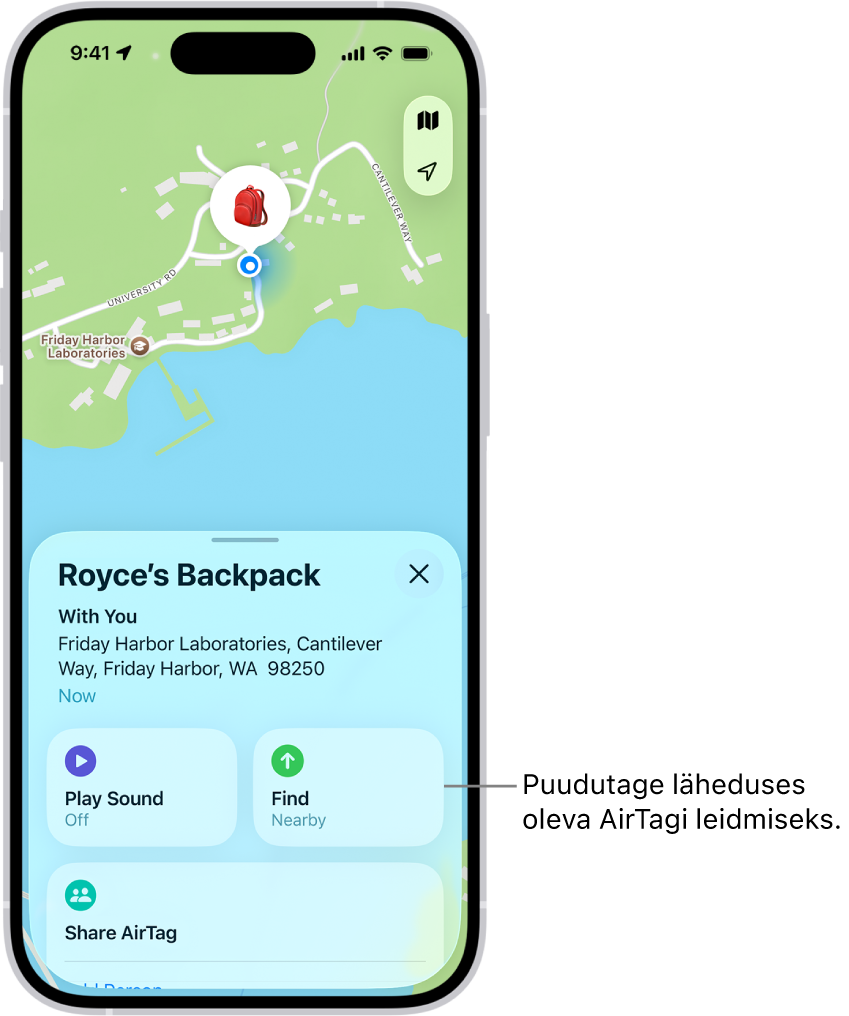 Rakendus Find My on avatud ning seal kuvatakse Danny võtmete asukohta Golden Gate Parkis. Läheduses oleva AirTagi asukoha tuvastamiseks puudutage nuppu Find.