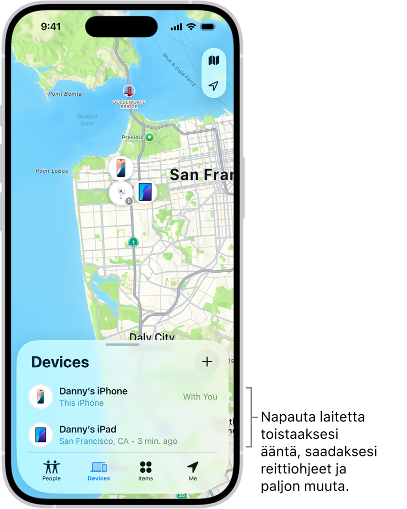 Etsi­apin näytöllä näkyy Laitteet-luettelo. Laitteet-luettelossa on kaksi laitetta: Dannyn iPhone ja Dannyn iPad. Niiden sijainnit näkyvät kartalla.