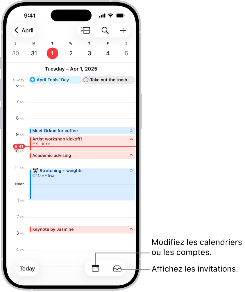 Un calendrier dans la présentation Jour affichant les évènements du jour. Le bouton Calendriers se trouve en bas de l’écran, au milieu, et le bouton Notifications se trouve en bas à droite.
