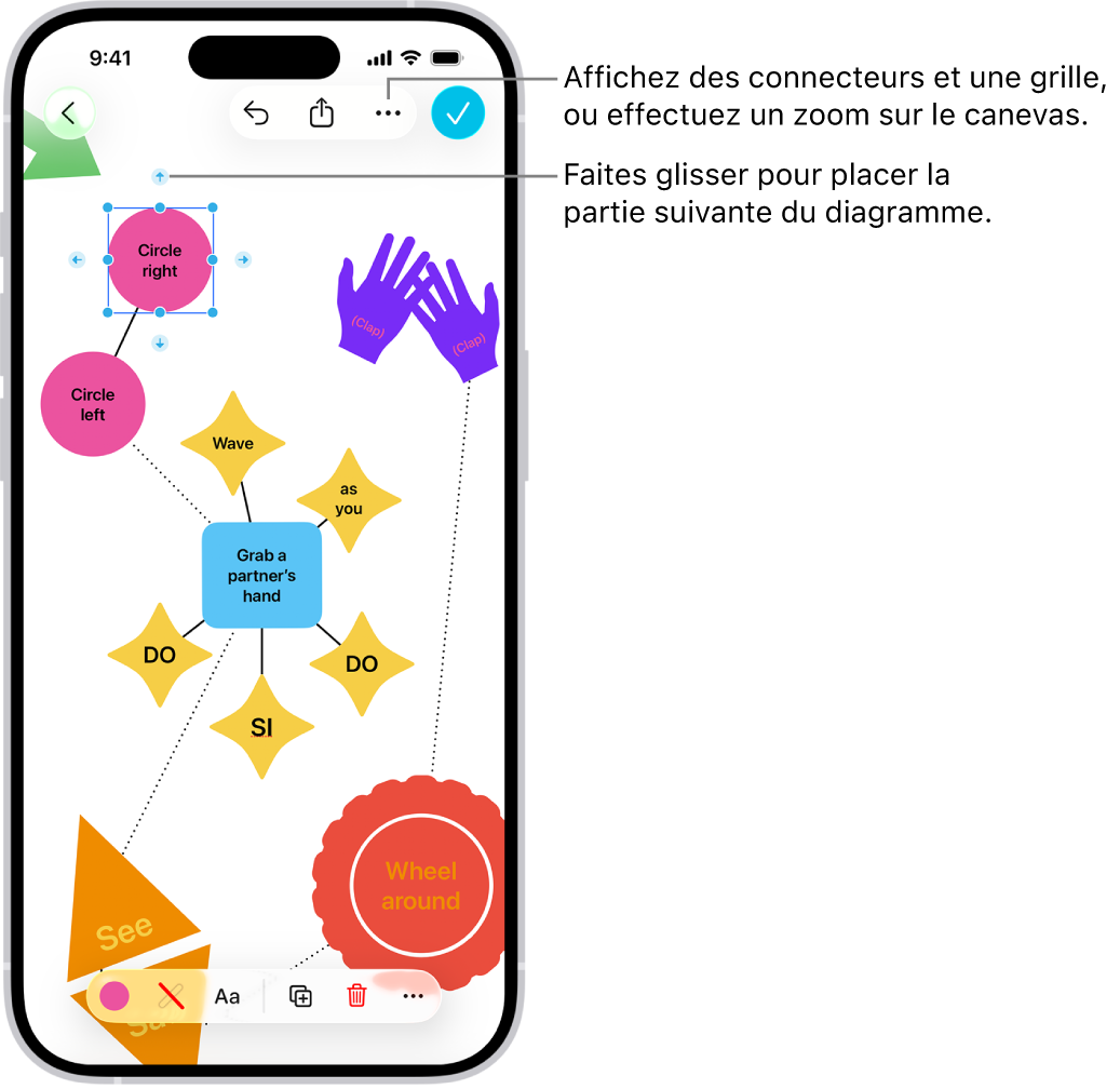Un diagramme sur un tableau Freeform avec des connecteurs affichés sur une figure sélectionnée, et les outils de mise en forme des figures visibles en bas de l’écran.