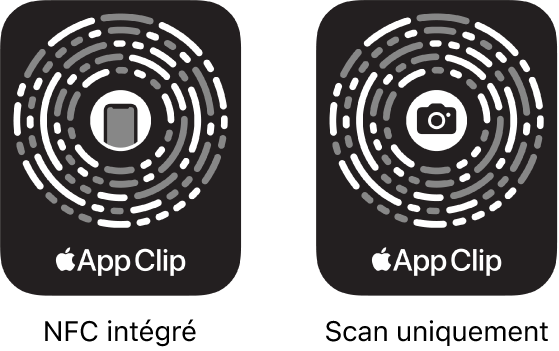 À gauche, un code d’extrait d’app doté de la technologie NFC avec une icône d’iPhone au centre. À droite, un code d’extrait d’app à scanner uniquement, avec une icône d’appareil photo au centre.