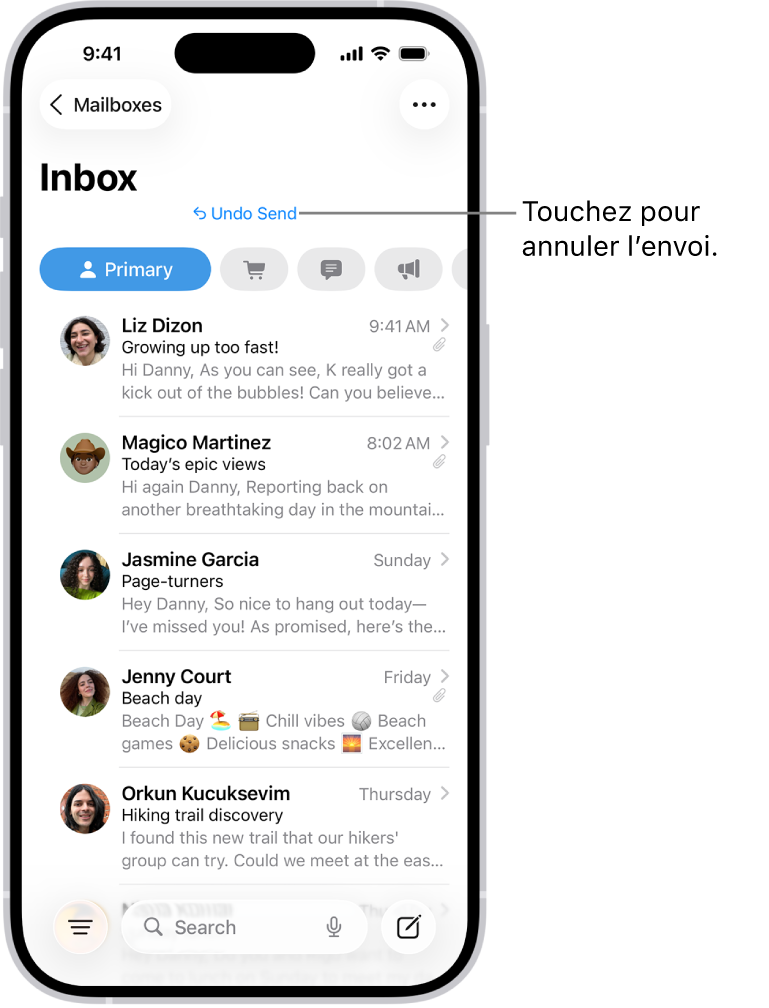 La boîte de réception, affichant une liste de messages. Le bouton « Annuler l’envoi » (permettant de retirer un message envoyé récemment) se trouve au centre de l’écran, en bas.