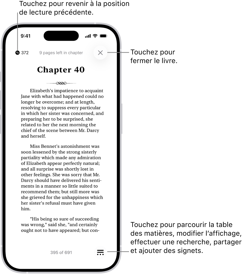 Une page d’un livre dans l’app Livres. En haut de l’écran se trouvent les boutons permettant de revenir à la page où la lecture a commencé et de fermer le livre. En bas à droite de l’écran se trouve le bouton Menu.
