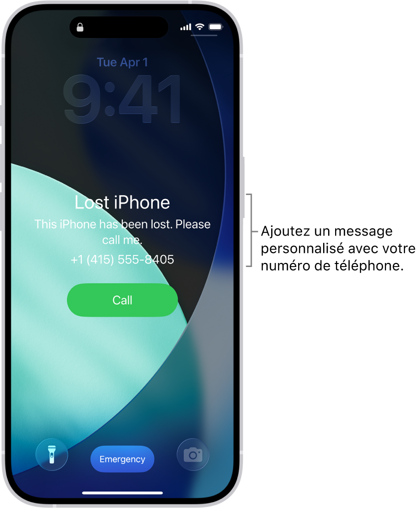 Écran verrouillé d’un iPhone avec un message indiquant que l’iPhone a été égaré. Vous pouvez ajouter un message personnalisé avec votre numéro de téléphone.