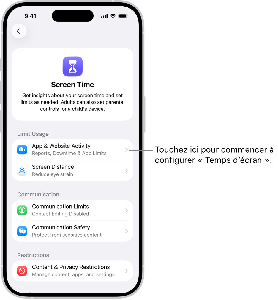 L’écran pour configurer Temps d’écran montrant que vous pouvez toucher Activité dans les apps et sur les sites web pour commencer.