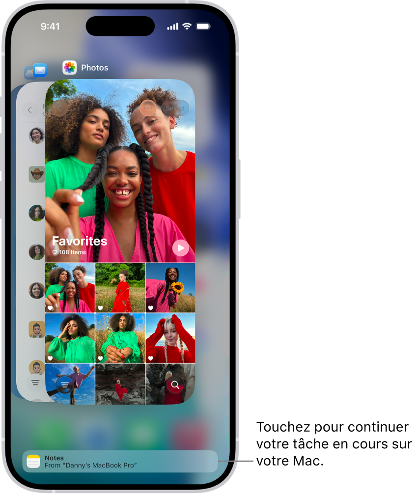 Le sélecteur d’app sur l’iPhone affichant une notification de handoff en bas de l’écran.