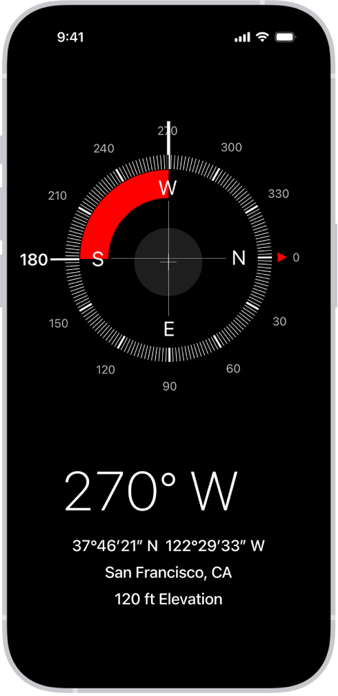 L’écran Boussole affichant la direction vers laquelle l’iPhone est orienté, la position et l’altitude actuelles.