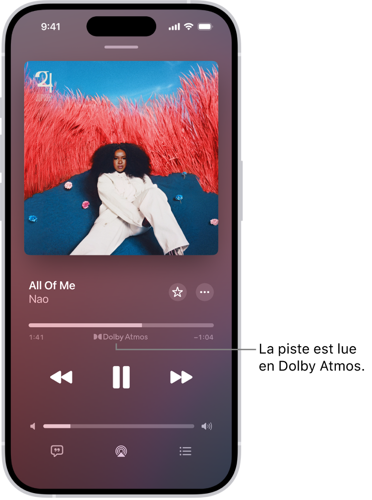 L’écran « À l’écoute » avec l’icône Dolby Atmos pour la piste en cours de lecture.