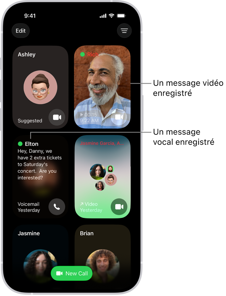 L’historique des appels de FaceTime, affichant un contact suggéré, un message vidéo enregistré, un message vocal et un appel vidéo FaceTime de groupe.