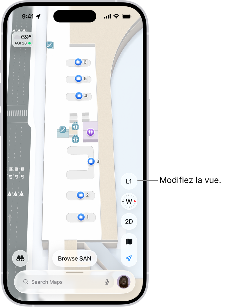Plan intérieur d’un terminal d’aéroport. Le plan affiche notamment un point de contrôle des passeports, les escaliers, les toilettes ainsi que le poste de premiers soins. Sur les plans comportant plusieurs étages, le bouton N1 (pour Niveau 1) permet de basculer entre les différents plans d’étage.