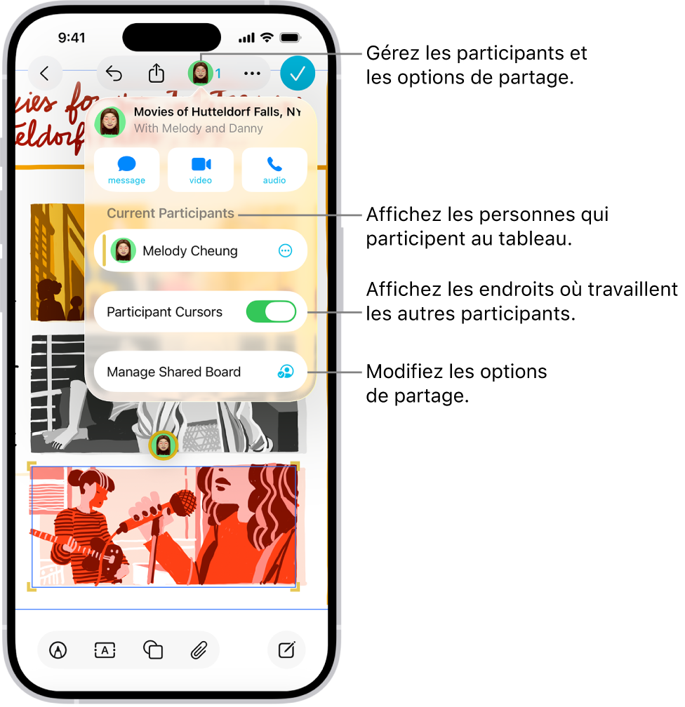 Un tableau Freeform partagé sur iPhone avec le menu de collaboration ouvert.