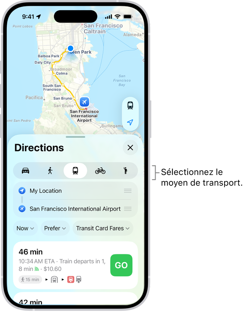 Plan affichant plusieurs options d’itinéraire entre deux lieux, ainsi que des boutons permettant de choisir d’autres moyens de transport, d’intervertir le point de départ et la destination, et d’afficher les instructions d’un itinéraire sous forme d’étapes à suivre.