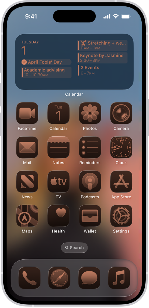 टिंट किए गए ऐप आइकॉन के साथ iPhone की होम स्क्रीन।