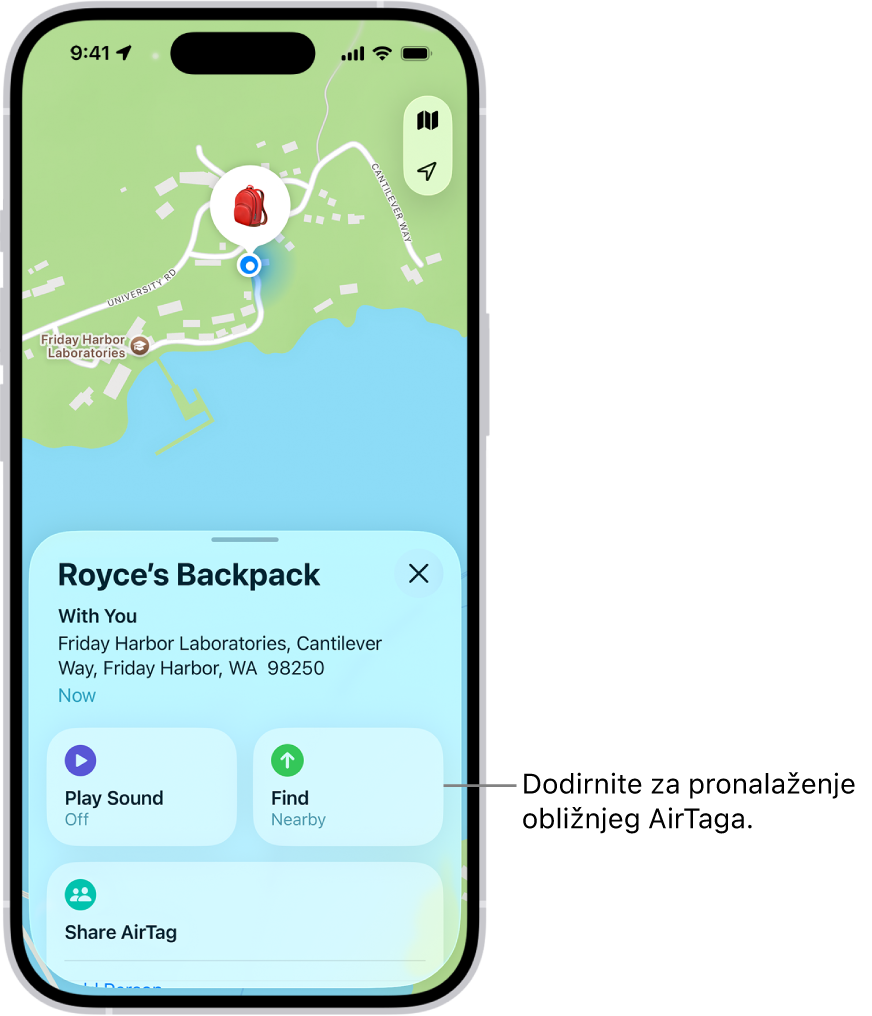 Otvorena aplikacija Pronalaženje, s prikazom Danijelovih ključeva u Golden Gate Parku. Dodirnite tipku Pronađi kako biste pronašli AirTag u blizini.