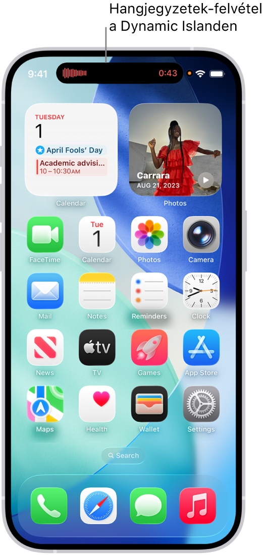 Az iPhone 14 Pro főképernyője, ahol a képernyő tetején lévő Dynamic Islanden egy élő hangjegyzet rögzítése látható.