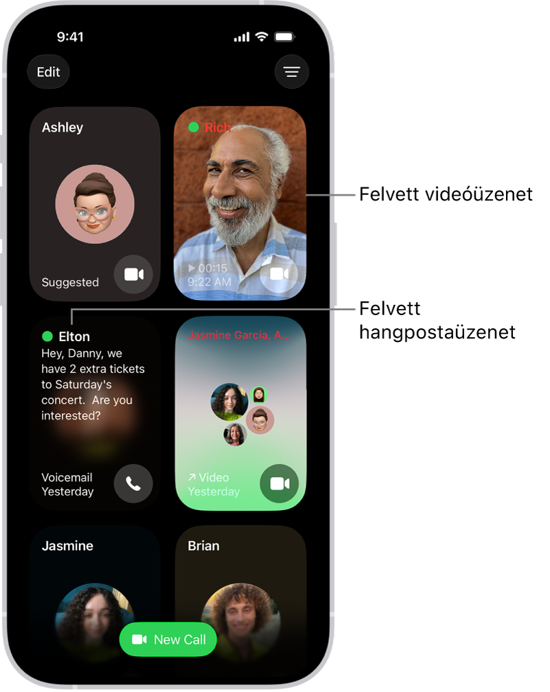 A FaceTime híváselőzményei, amelyek között egy javasolt kontakt, egy rögzített videóüzenet, egy hangpostaüzenet és egy csoportos FaceTime-videóhívás látható.
