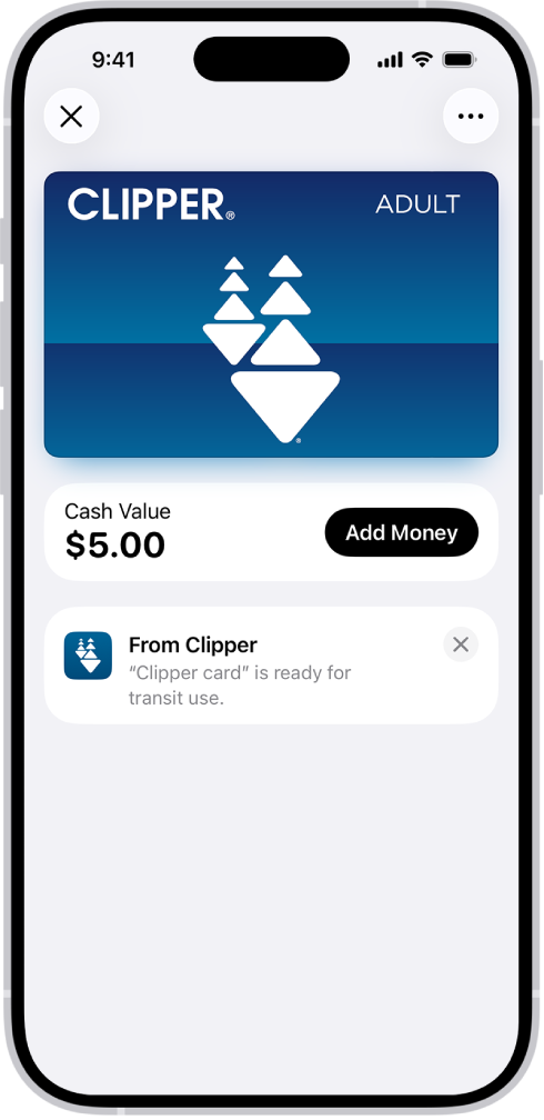 Kartu transit di app Dompet. Di bawah kartu terdapat saldo, di samping tombol Tambah Uang.