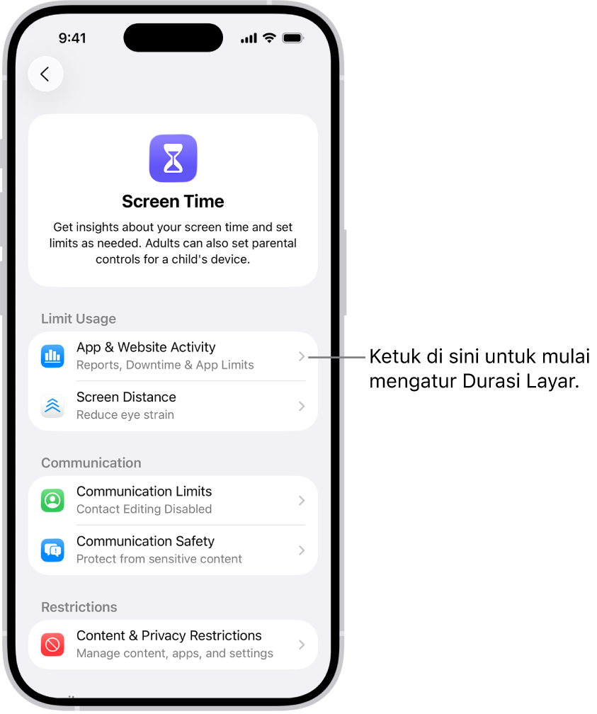 Layar untuk mengatur Durasi Layar, menunjukkan Anda mengetuk Aktivitas App & Situs Web untuk memulai.