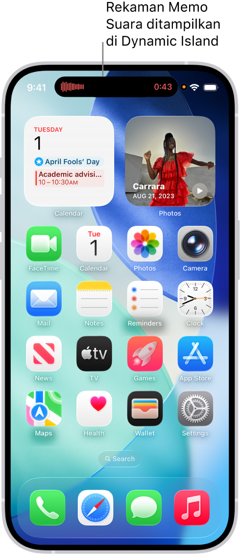 Layar Utama iPhone 14 Pro, menampilkan rekaman Memo Suara langsung di Dynamic Island di bagian atas layar.