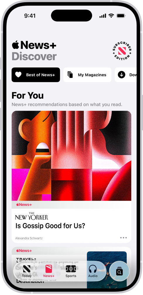 Tulisan majalah dari Apple News+. Di tab di sepanjang bagian bawah, News+ dipilih.
