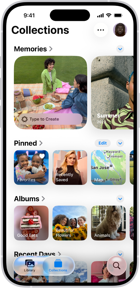 App Foto dibuka dan tombol Koleksi dipilih di bagian bawah layar. Di layar dari atas ke bawah terdapat Koleksi berikut: Memori, Dipin, Album, dan Beberapa Hari Terakhir.