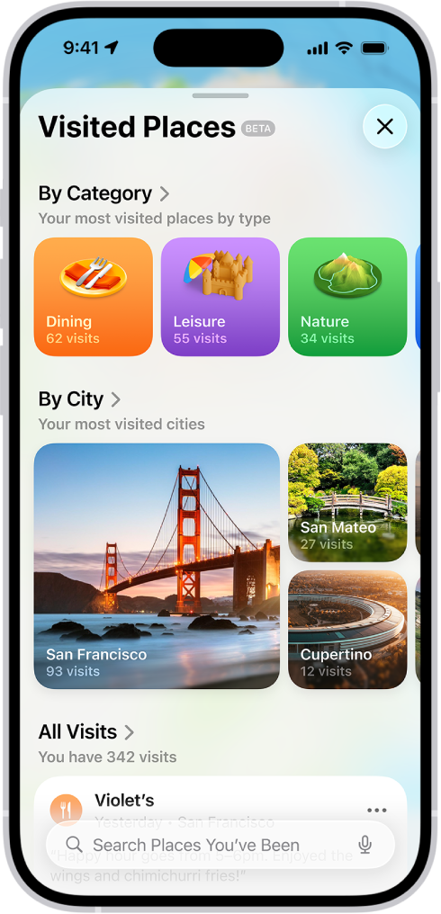 Layar Pernah Dikunjungi di app Peta. Kartu di layar mencantumkan kategori tempat yang Anda kunjungi—Transportasi, Belanja, dan Industri—dan menampilkan jumlah kunjungan untuk masing-masing kategori.