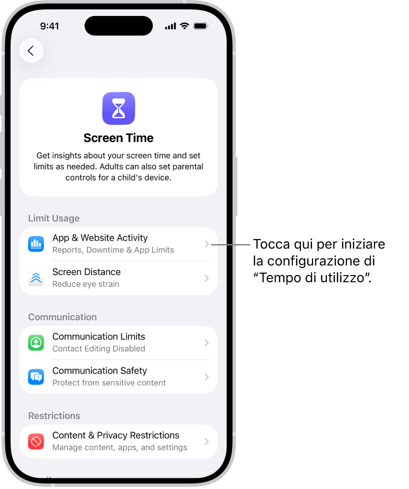La schermata di configurazione di “Tempo di utilizzo”, con l’opzione “Attività app e siti web” per iniziare.