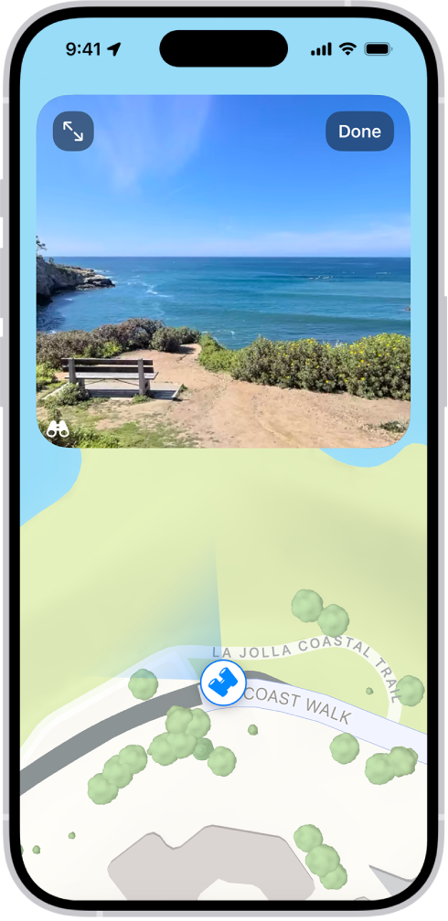 Una vista panoramica a 360° orientabile viene visualizzata sopra la mappa della zona contrassegnata nell’app Mappe. L’icona di “Guardati intorno” sovrapposta alla mappa punta in direzione della vista.