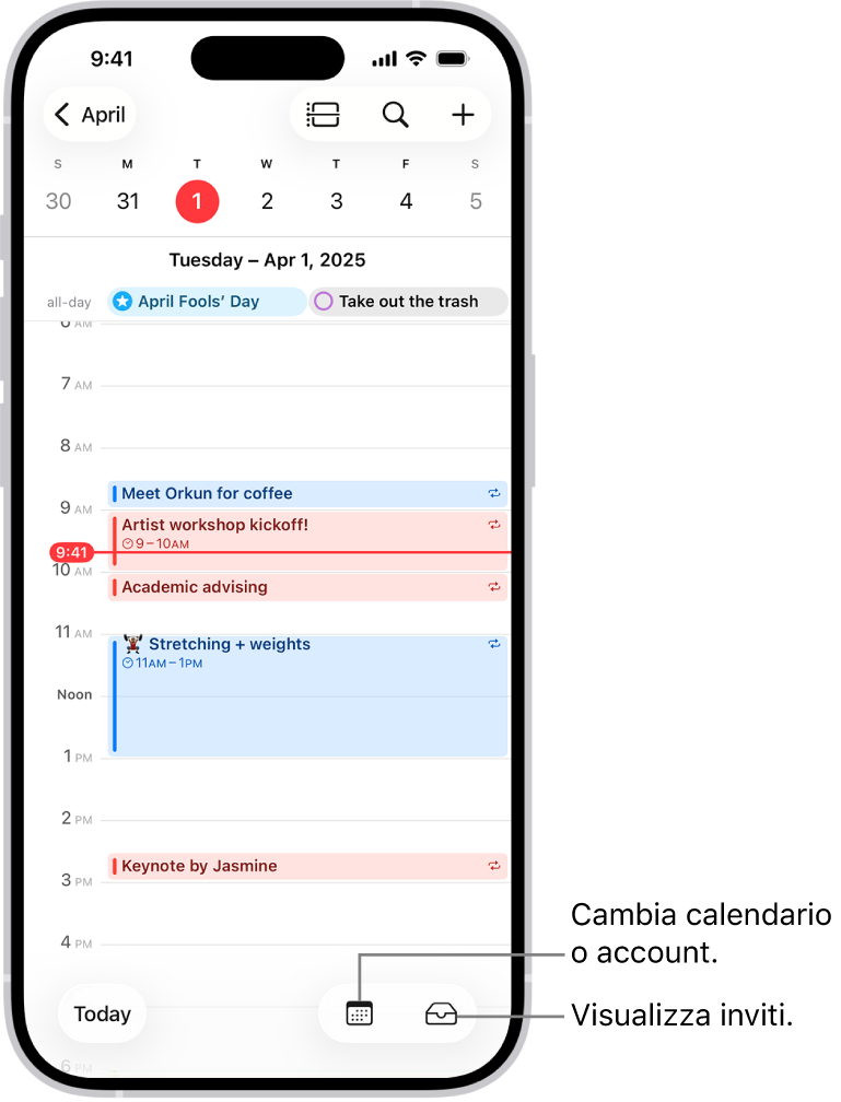 Un calendario nella vista Giorno che mostra gli eventi programmati. Il pulsante Calendari si trova in basso al centro dello schermo, mentre il pulsante “In entrata” è in basso a destra.