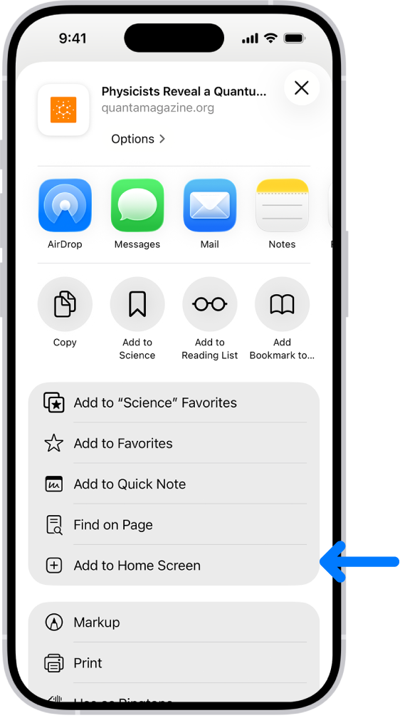 In Safari, su un sito web viene selezionato il pulsante Condividi, quindi viene visualizzato un elenco di opzioni, tra cui anche “Aggiungi alla schermata Home”.