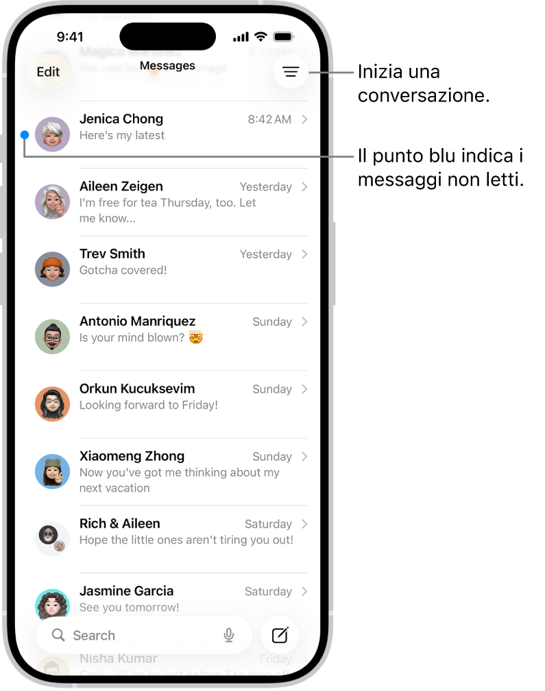 L’elenco delle conversazioni di Messaggi, con il pulsante Scrivi in basso a destra. Un pallino blu a sinistra del messaggio indica che non è stato letto.