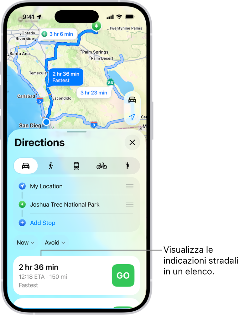 Una scheda con varie opzioni di itinerari.