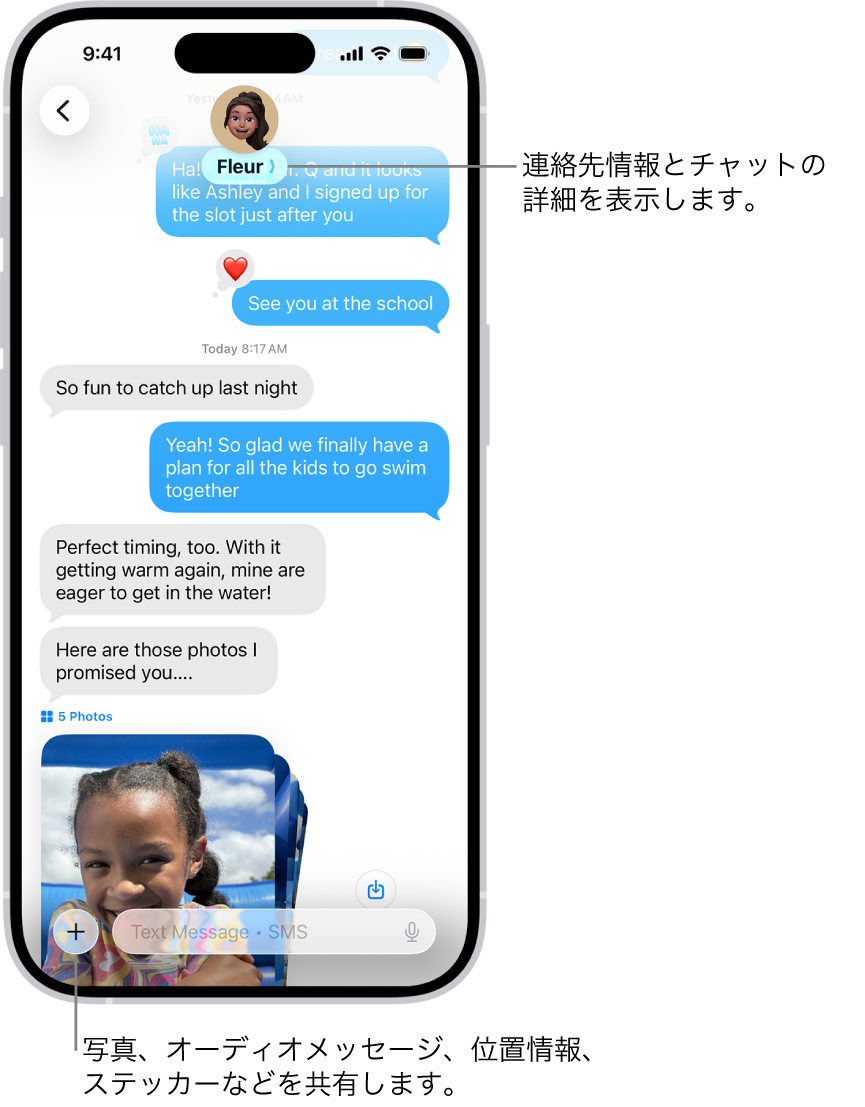 「メッセージ」のチャット。メッセージを送信する相手の名前が画面上部に表示されています。名前をタップすると、チャットの詳細が表示されます。左下隅には「追加」ボタンがあります。