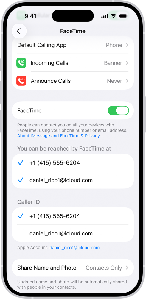 FaceTime을 켜거나 끄는 제어기와 연락할 수 있는 전화번호 및 이메일 주소가 표시된 FaceTime 설정 화면.