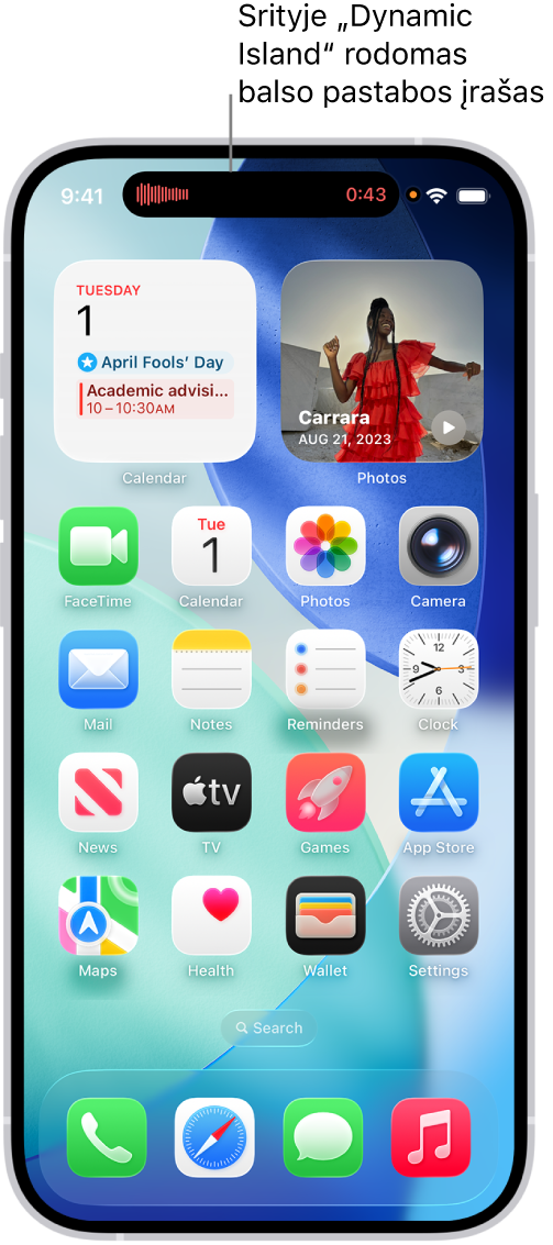 „iPhone 14 Pro“ pradžios ekranas, jo viršuje esančioje skiltyje „Dynamic Island“ rodomas tiesioginis „Balso pastaba“ įrašas.