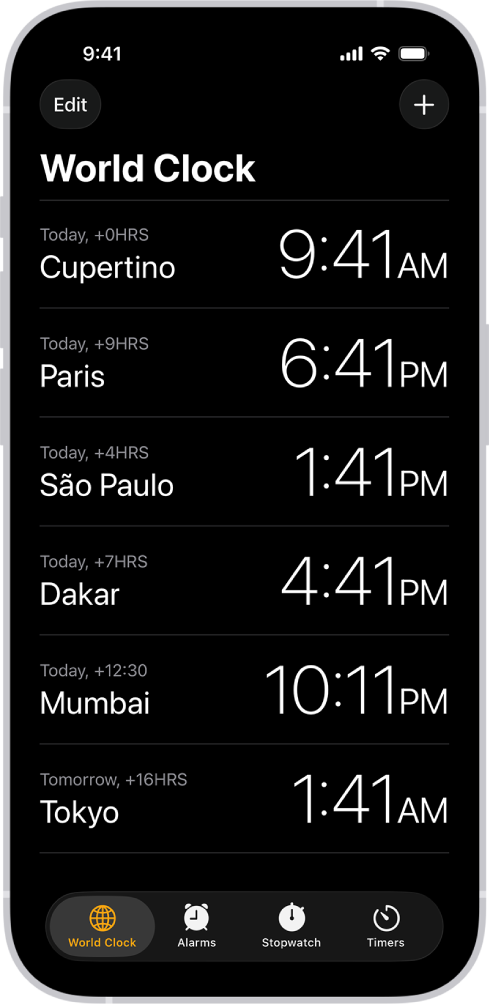 Cilne World Clock, kurā parādīts, cik pulkstenis dažādās pilsētās. Poga Edit augšējā kreisajā stūrī ļauj jums pārkārtot vai izdzēst pulksteņus. Poga Add augšējā labajā stūrī ļauj jums pievienot papildu pulksteņus. Apakšdaļā ir izkārtotas pogas World Clock, Alarm, Stopwatch un Timers.